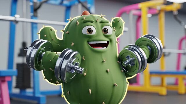 A cheerful 3D animated cactus character flexes its muscles with dumbbells in a modern fitness center, symbolizing a fun and active approach to a healthy lifestyle and personal well-being