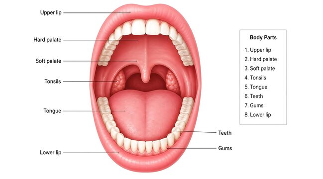 Anatomy of the human mouth with detailed labels and parts, anatomy chart