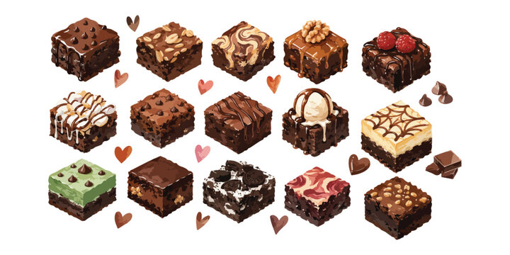 Watercolor delicious chocolate brownie pieces and toppings collection