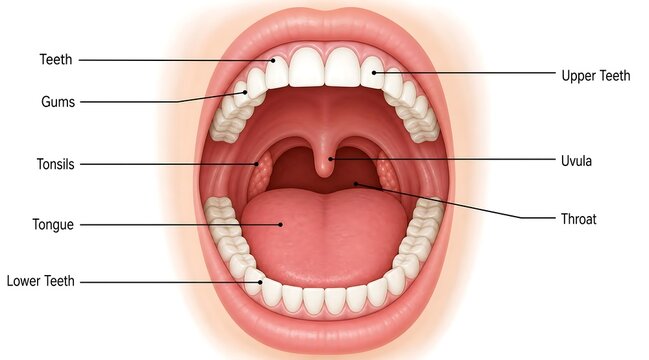 Diagram of the human mouth with labeled parts including teeth gums tongue throat