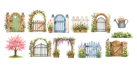 Fototapeta premium Watercolor garden gate fence and flower arch set