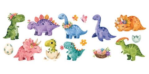 Cute watercolor baby dinosaur collection with flowers and eggs © dian's