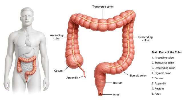 Human digestive system diagram with large intestine and connected organs