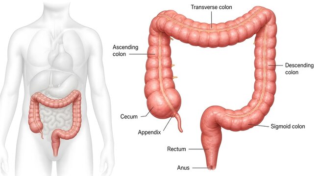 Human digestive system with detailed large intestine anatomy illustration