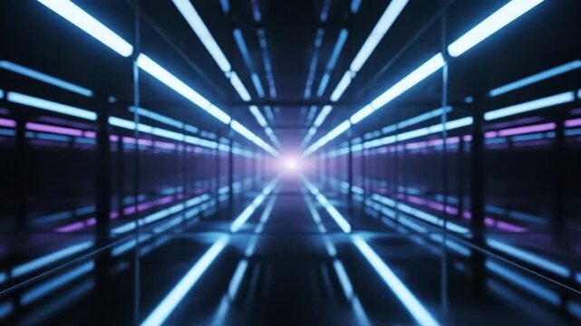 Futuristic neon illuminated tunnel with glowing blue and purple lights receding into a bright central light source creating a sense of depth and motion