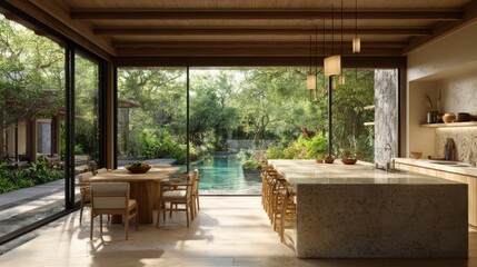 Fototapeta premium photorealistic japandi style kitchen with high ceilings and floor to cceiling glass wall looking out onto a lush green garden and pool 