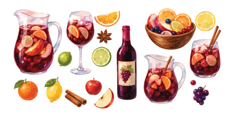 Watercolor refreshing red wine sangria ingredients and cocktails set © dian's