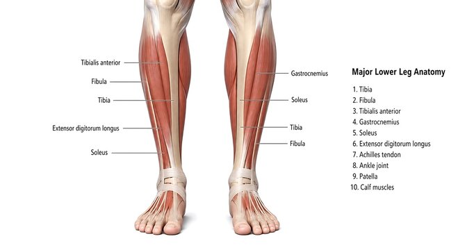 Human leg muscles anatomy diagram with labeled parts and muscle groups