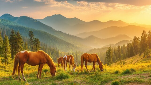 Graceful horses and foals grazing peacefully in a sun-drenched mountain pasture at sunset