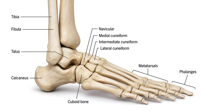 Detailed anatomical illustration of the human foot and ankle bones with labels
