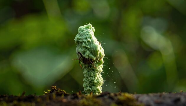 Spittlebug Insect Creating Frothy Protective Casing in Natural Green Environment, Detailed Macro View