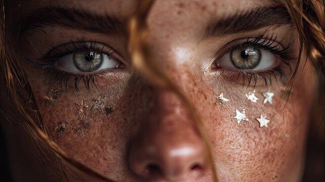 Close-Up of Young Woman with Freckles and Glittery Star Face Art