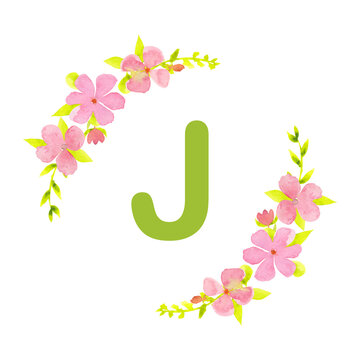 Watercolor floral letter J with pink flowers and green leaves. Hand painted botanical alphabet isolated on white for monograms, wedding stationery, invitations, nursery decor and spring designs.