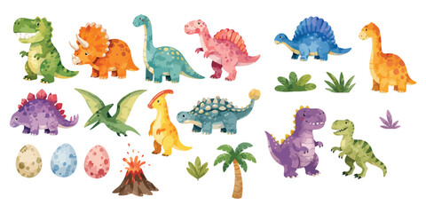 Watercolor cute colorful dinosaurs and prehistoric elements clipart set © dian's