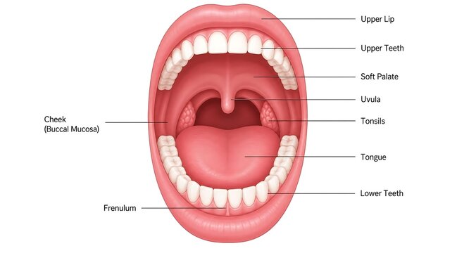 Detailed diagram of the human mouth with labeled anatomy illustration learning