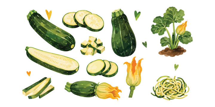 Watercolor fresh green zucchini squash and slices illustration set
