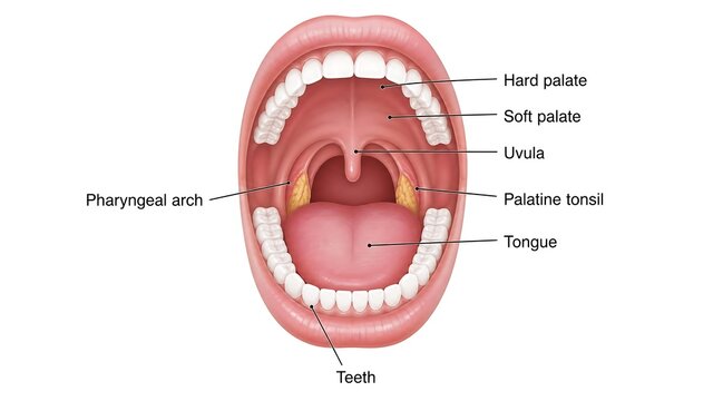 Anatomical diagram of the human mouth with labeled parts esophagus dentistry