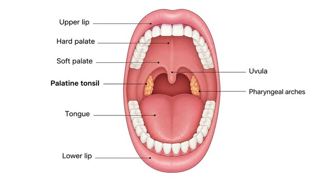 Diagram of human mouth anatomy with labeled parts and structures, structure