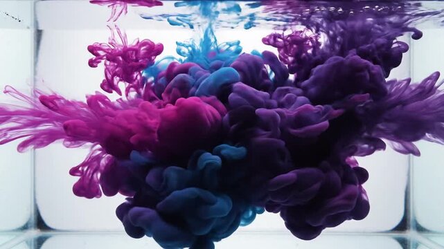 Vibrant magenta and electric blue ink clouds colliding and swirling in clear water, creating abstract organic shapes and diffusion patterns Keywords: ink in water, abstract, diffusion, swirling