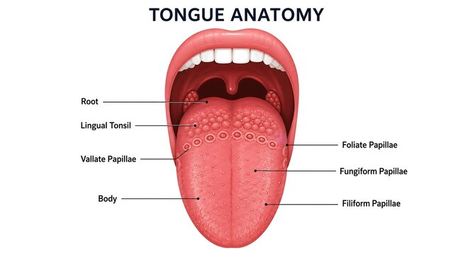 Detailed anatomical diagram of human tongue with labeled parts and structures