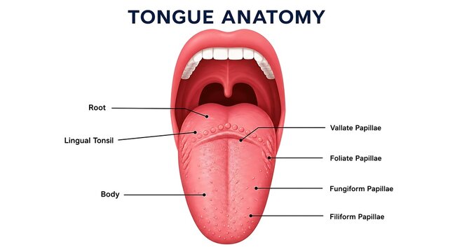 Anatomical illustration of the human tongue with labeled sections and features
