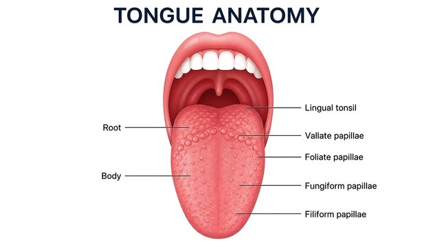 Detailed anatomical diagram of human tongue with labeled parts, education