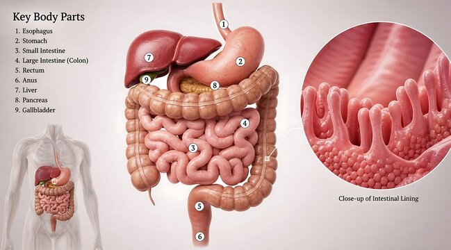 Human digestive system with detailed view of the small intestine and colon