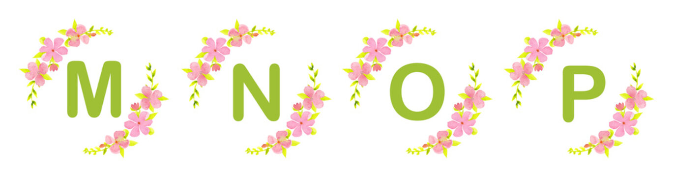 Watercolor floral alphabet letters M, N, O and P with pink flowers and green leaves. Hand painted botanical uppercase initials isolated on white background for monograms, wedding stationery, invitatio