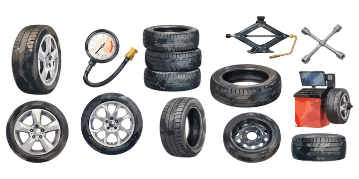 Watercolor car tires and auto repair garage equipment illustration set