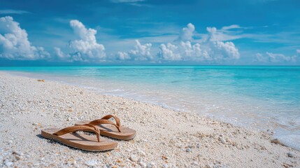 Fototapeta premium Sandy Beach with Flip Flops Under Bright Blue Sky and Clouds