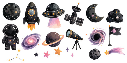 Watercolor outer space astronaut set with rocket ufo and planets illustration © dian's