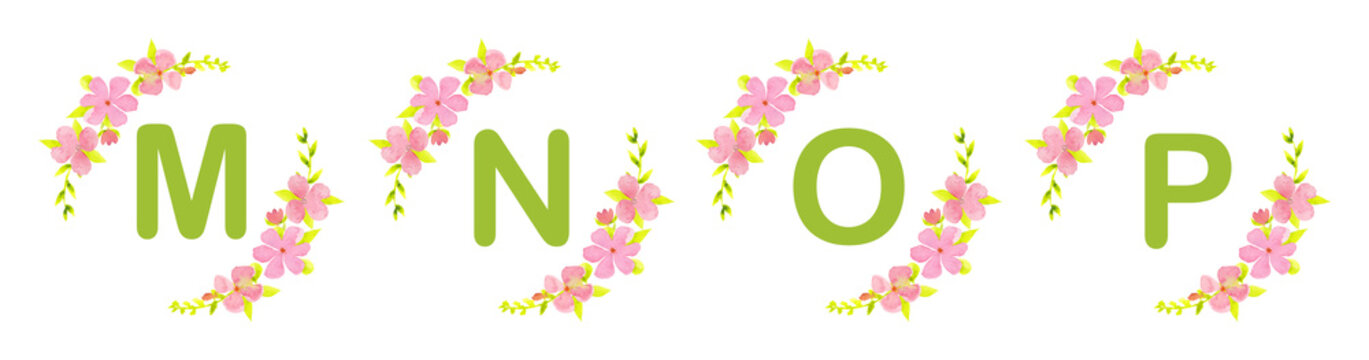 Watercolor floral alphabet letters M, N, O and P with pink flowers and green leaves. Hand painted botanical uppercase initials isolated on white background for monograms, wedding stationery, invitatio