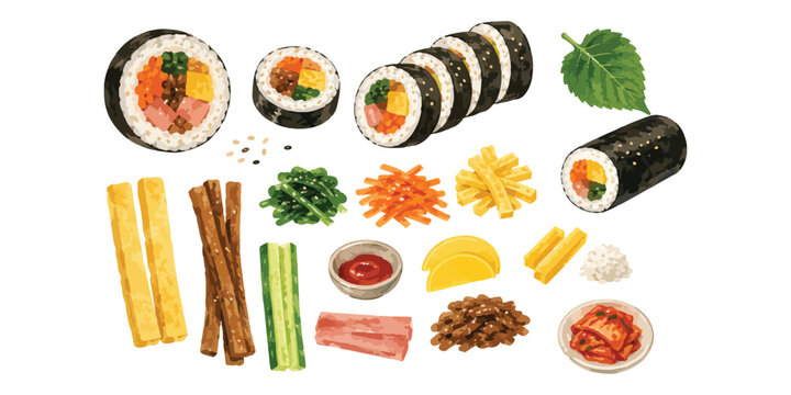 Watercolor korean gimbap and sushi roll set with fresh ingredients illustration