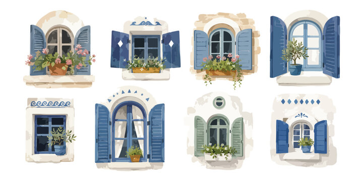 Watercolor mediterranean window set with blue shutters and blooming flowers