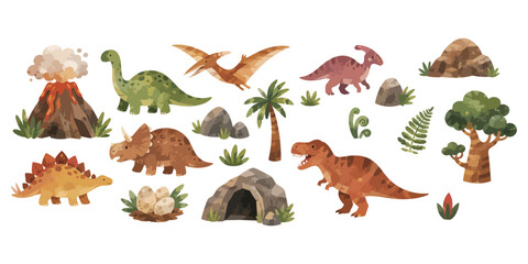 Watercolor dinosaur collection with prehistoric volcano cave and plants © dian's