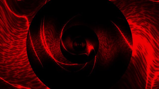 Dynamic red glowing spiral tunnel with flowing neon energy lines and fluid wave patterns. Futuristic digital vortex animation background ideal for technology, sci fi, cyber and visual effects.