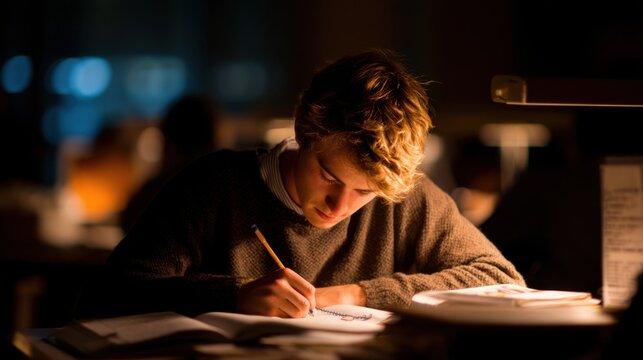 student writing in notebook at a quiet study desk, shallow depth of field, moody warm light, contemplative academic moment
