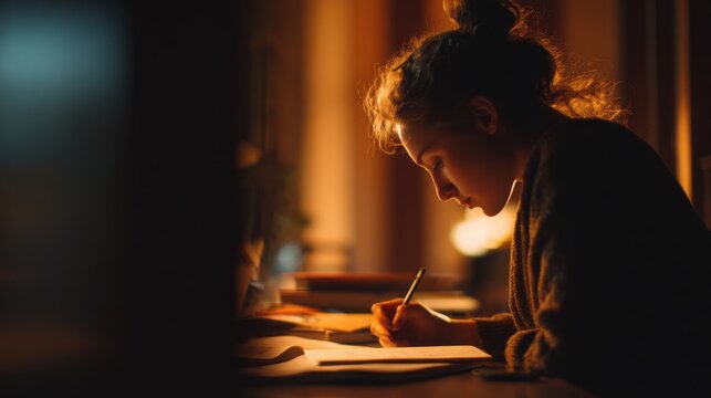 student writing in notebook at a quiet study desk, shallow depth of field, moody warm light, contemplative academic moment
