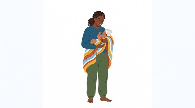 Mother holding baby wrapped in a colorful striped blanket standing and smiling lovingly in a simple flat vector character illustration isolated on white background