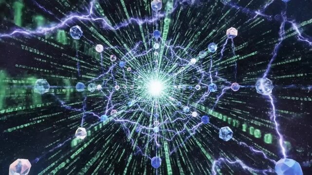 Abstract network of glowing crystals connected by lightning in space