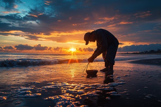 Fisherman shore dawn silhouette beach sea sunrise water bucket reflection ocean tide wave coast horizon sky cloud orange blue dark morning fishing standing bent hand net rope boatless tropical