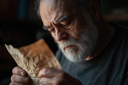 Older man reading wrinkled love letter, emotional memory, closeup portrait, dark background, senior male, paper note, vintage feeling