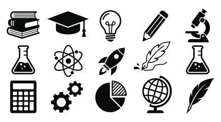 Black and white education icons isolated on transparent background © Pixaves