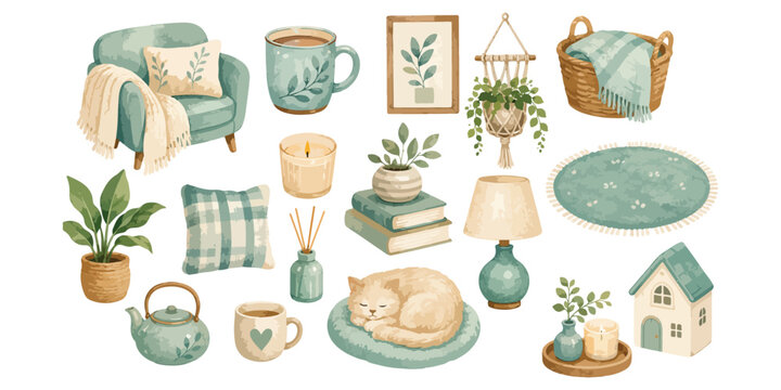 Watercolor cozy home interior decor elements and cute sleeping cat