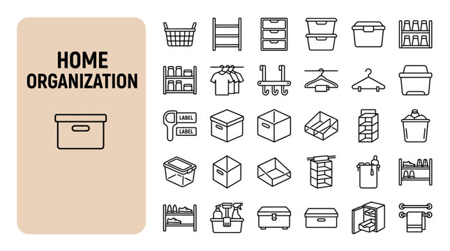 Set of Linear Vector Icons Featuring Various Household Storage Solutions and Neat Home Organization Containers for Tidy Living Spaces