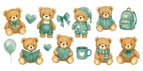 Fototapeta premium Watercolor cute teddy bear characters and cozy elements set