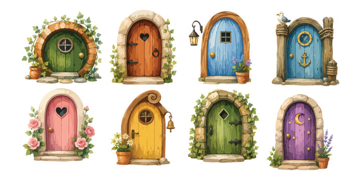 Watercolor fairy tale fantasy wooden doors collection