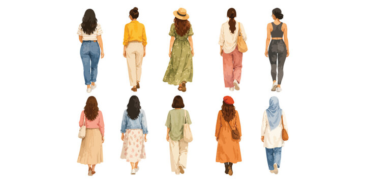 Watercolor fashion women characters walking standing from back view