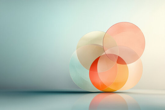 Abstract circle composition in pastel color, soft gradient background, layered transparent circle, minimalist geometric art, modern wallpaper, calm composition