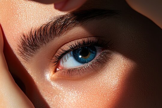 Close up blue eye eyebrow eyelash skin texture eye makeup eyeliner under eye makeup tutorial beauty portrait